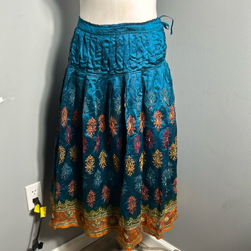 Ethnic silk like embroidered pleated maxi skirt size M